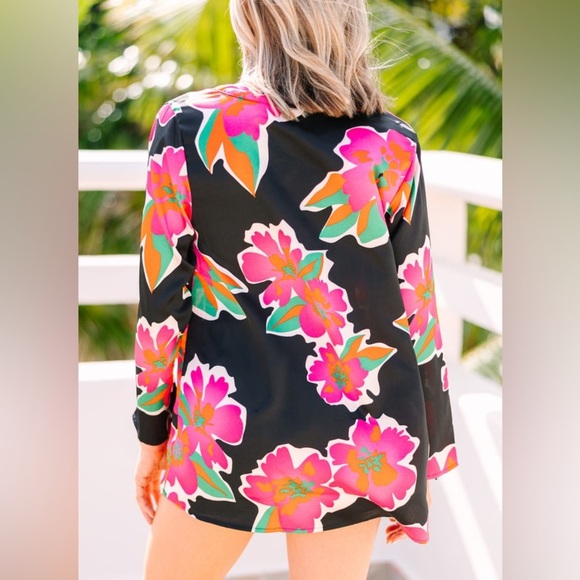 Hazel Anthropologie Floral Blouse Top V-Neck Garden Girl Pink Black Size Large - Picture 10 of 16